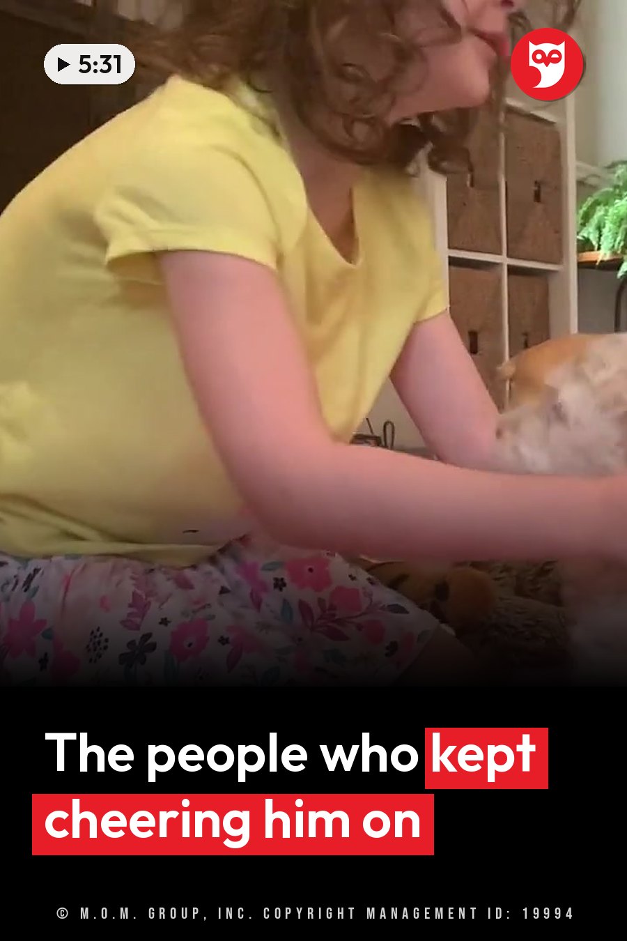 A person in a yellow shirt sits on a floral-patterned seat and pets a small dog. A headline runs in white letters across the lower third.