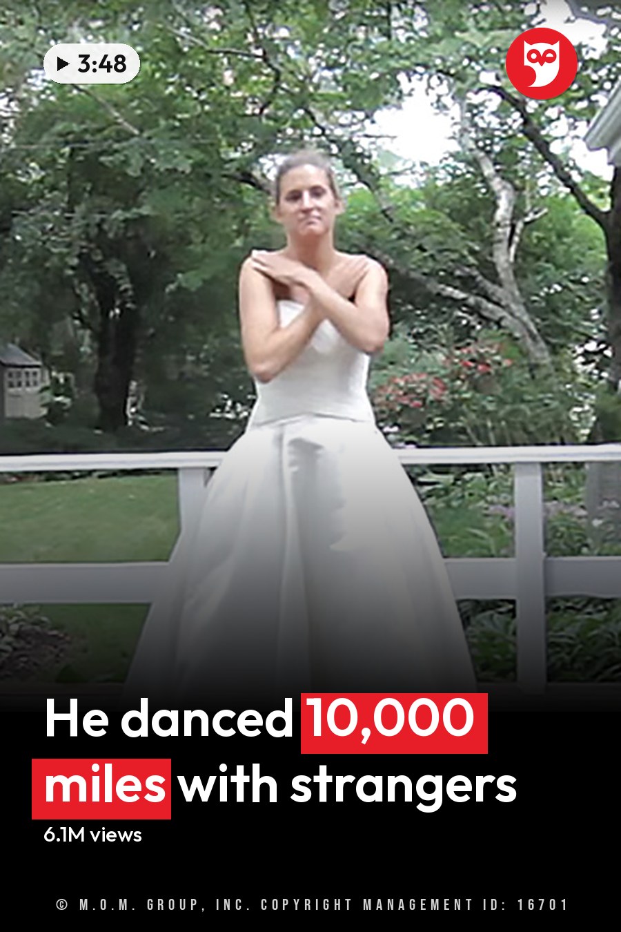 A young adult female in a modern white wedding dress stands on a wooden deck outside her house during spring or summer with soft evening light. The headline runs in white letters across the lower third.