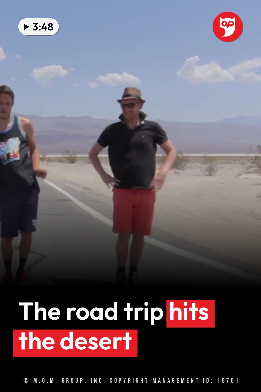 Two men in hats and sunglasses stand on a desert road under a blue sky, one with his hands on his hips. A headline runs in white letters across the lower third.