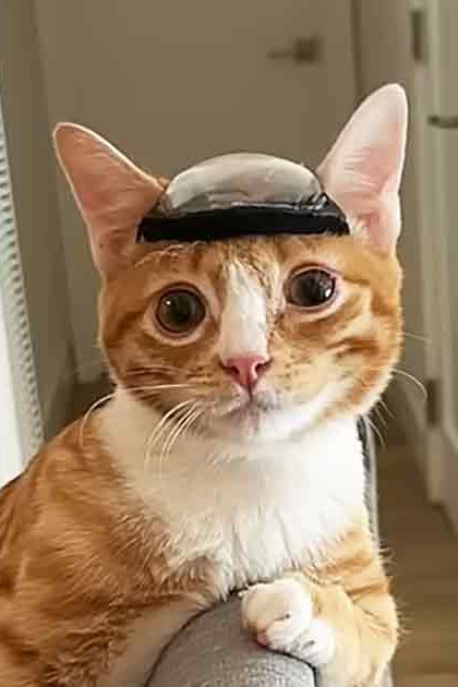 An adult tabby cat with an orange and white coat, wearing a small helmet or cap indoors in a home setting.