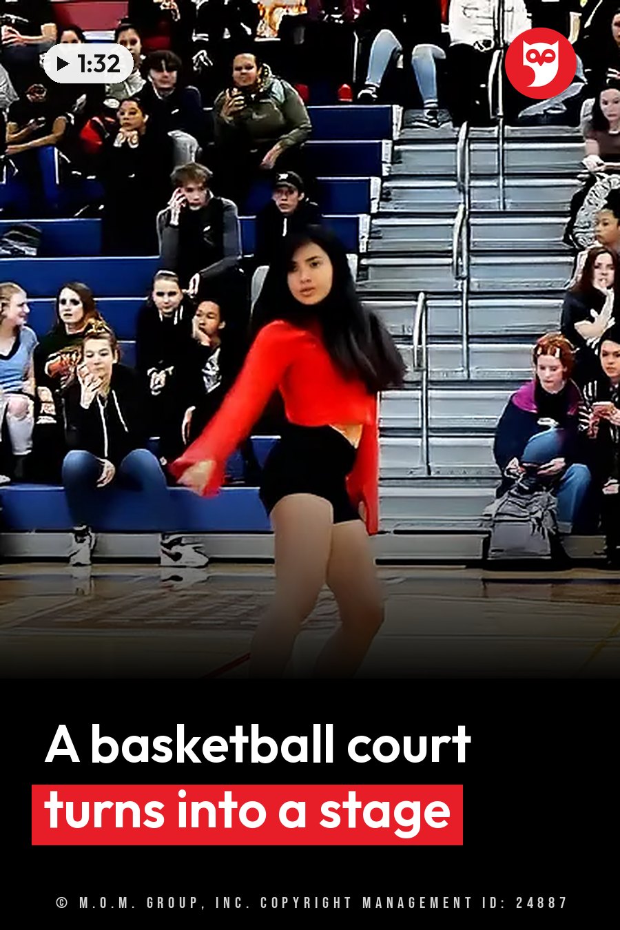 A girl in a red top and black shorts dances on a gym floor while people watch from the bleachers. A headline runs in white letters across the lower third.