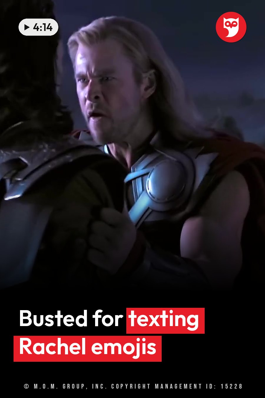 A man with long hair and armor grips another person's shoulder in dim light. A headline runs in white letters across the lower third.