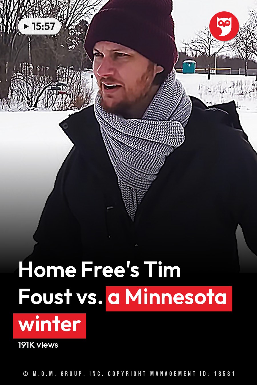A young adult male wearing a dark jacket and scarf in a snowy outdoor setting during winter. The headline runs in white letters across the lower third.