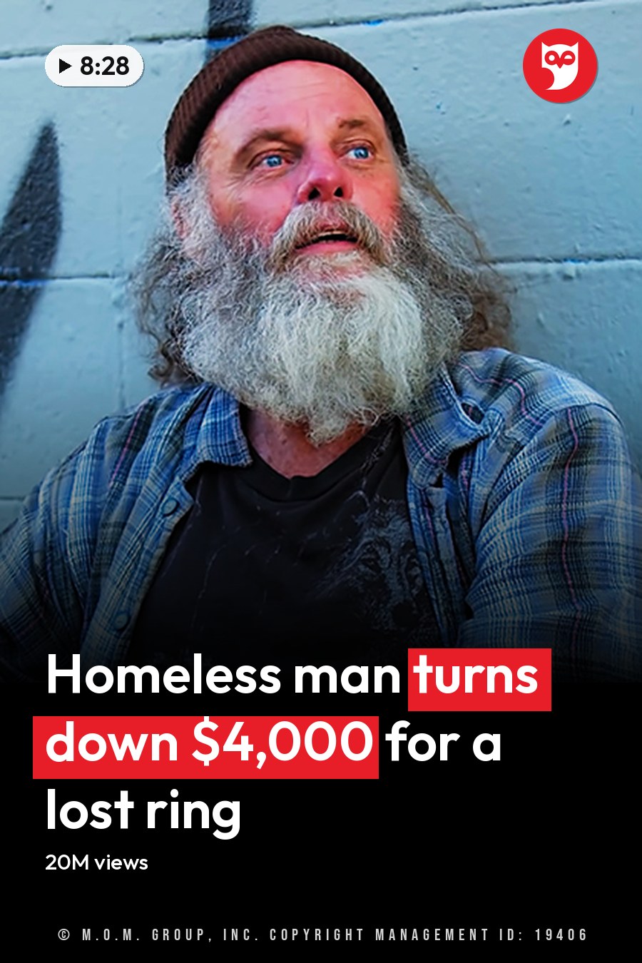 Older adult male wearing plaid short-sleeved shirt, dark t-shirt, black pants, and beanie hat, holding disposable coffee cup in an urban setting with graffiti on a blue brick wall during daytime. The headline runs in white letters across the lower third.