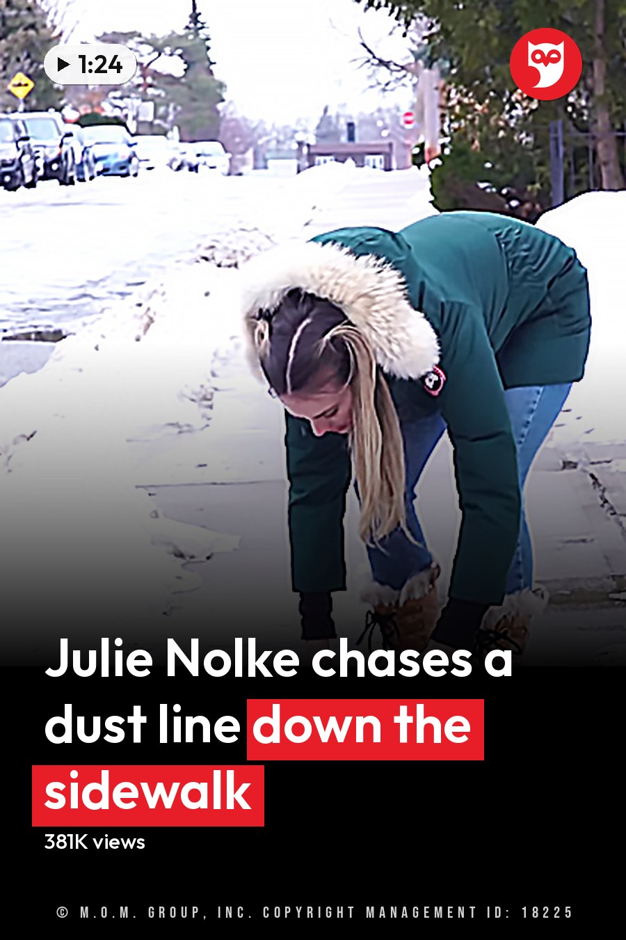 A young adult female wearing a green jacket with fur-lined hood stands outdoors in an urban residential area during winter, surrounded by snow-covered trees and parked cars. The headline runs in white letters across the lower third.
