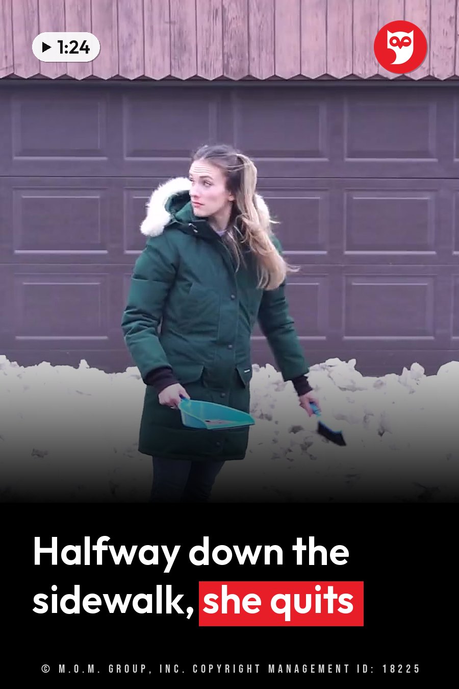 A woman in a green coat holds tools while standing in front of a garage door, with snow on the ground. A headline runs in white letters across the lower third.