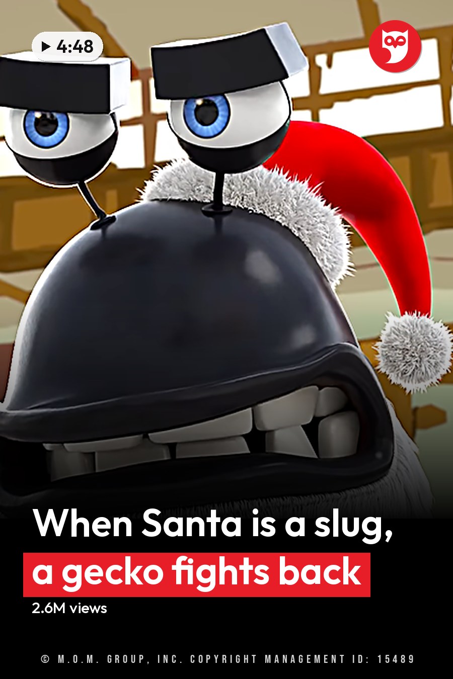 A festive, adult-sized robot with a large mouth and Santa hat in an indoor setting with natural light and wooden beams. The headline runs in white letters across the lower third.