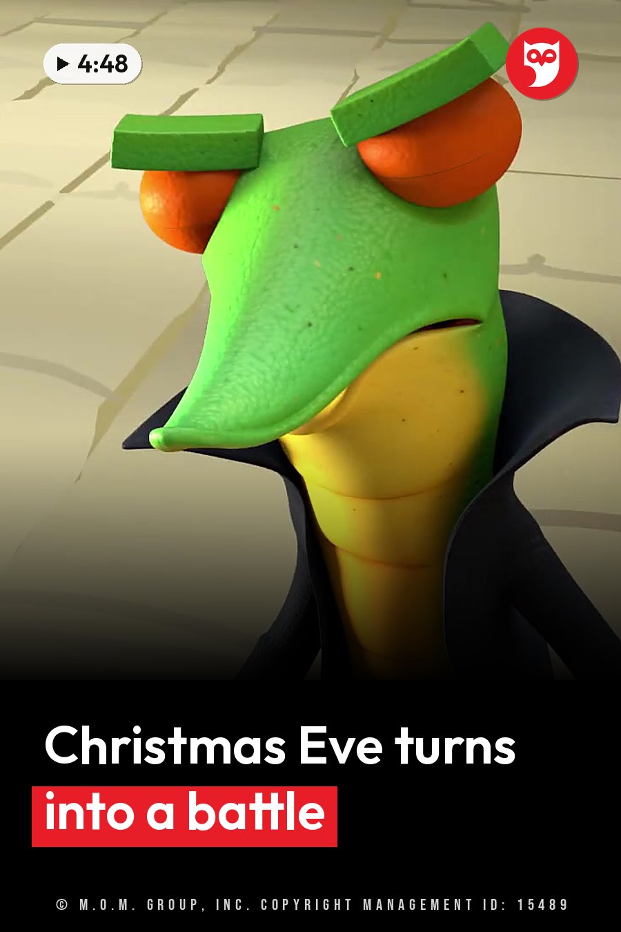 A green-headed cartoon character with orange eyes and a black cape stands on a tiled floor. A headline runs in white letters across the lower third.