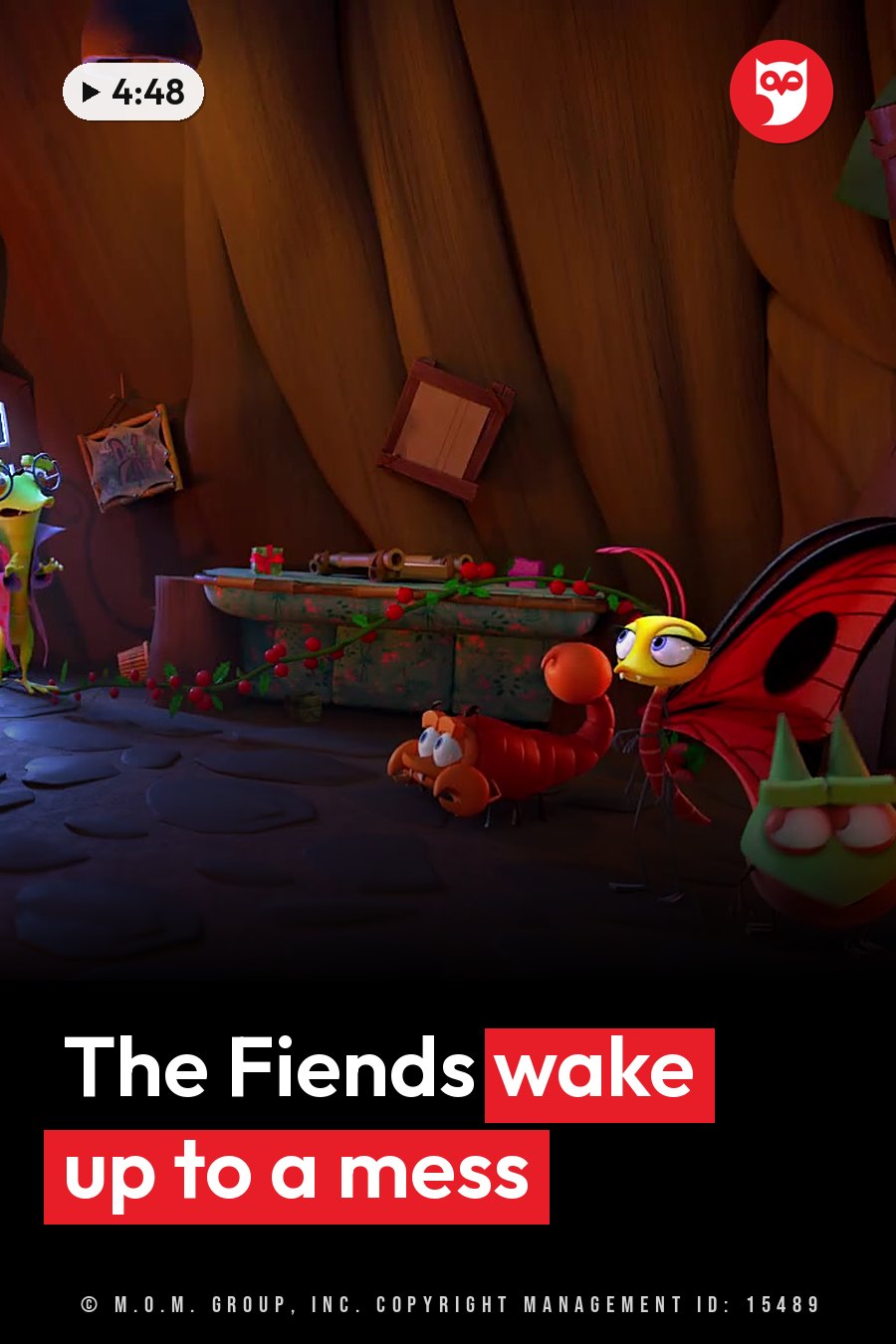 Small insect-like cartoon creatures gather inside a hollow tree room with furniture and holiday decorations. A headline runs in white letters across the lower third.
