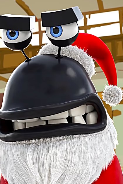 A festive, adult-sized robot with a large mouth and Santa hat in an indoor setting with natural light and wooden beams.