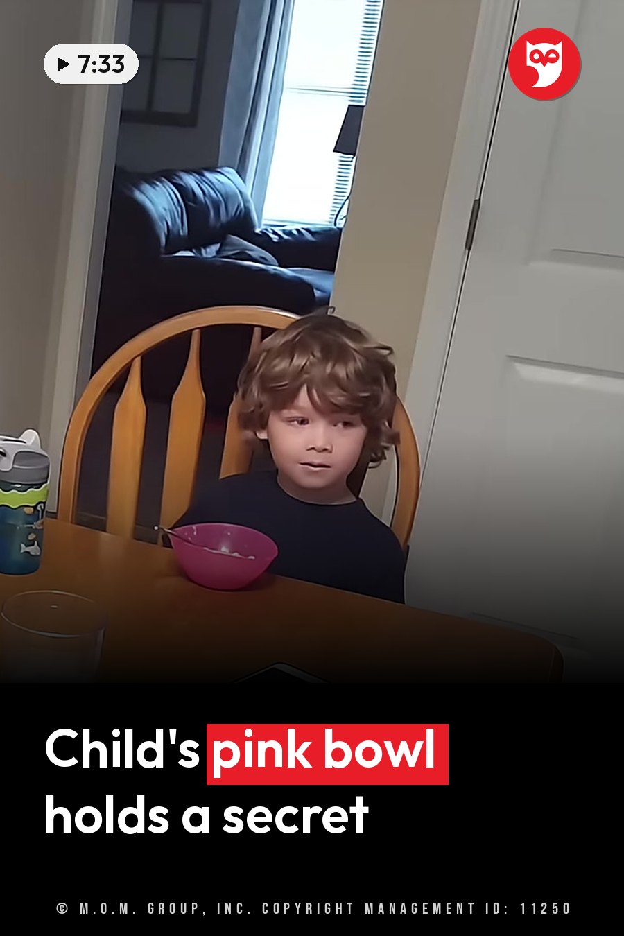 A child sits at a wooden table holding a spoon, with a pink bowl in front of them. A headline runs in white letters across the lower third.