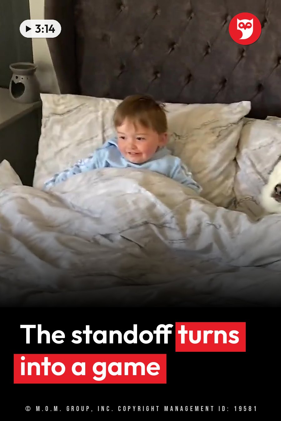 A smiling child sits up in bed under a blanket, propped on pillows in front of a dark tufted headboard. A headline runs in white letters across the lower third.
