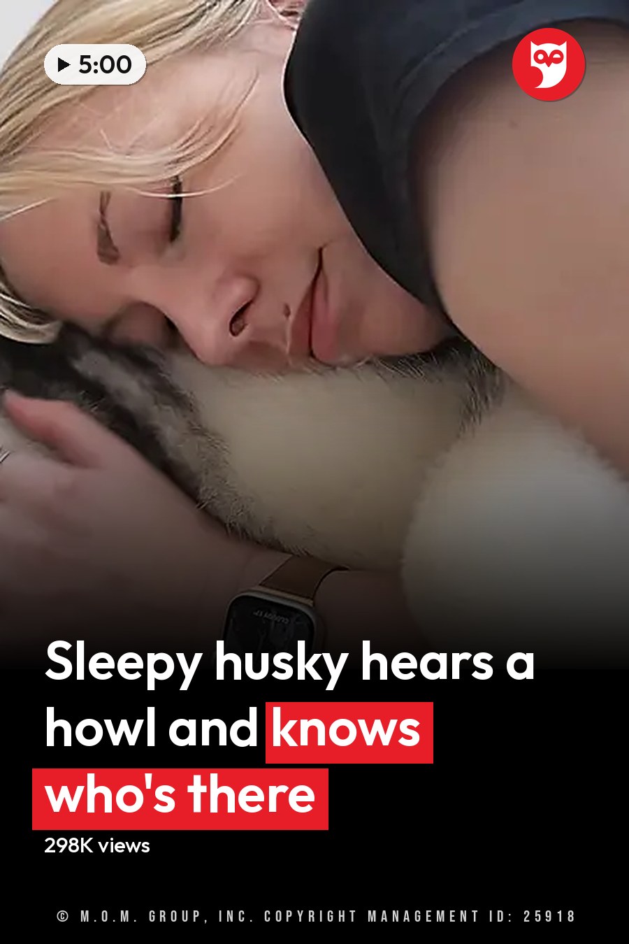 An adult female with blonde hair wearing a dark sleeveless top, rings, and smartwatch lies down next to her husky dog in an indoor setting with neutral-colored walls and carpeting. The scene is softly lit, suggesting daytime or early evening. The headline runs in white letters across the lower third.