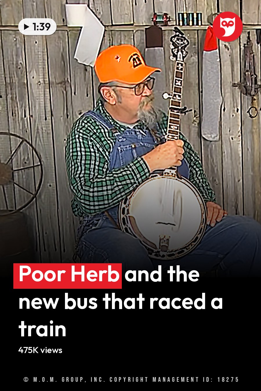 Two older adults playing musical instruments in a rustic old cabin or shed setting. The headline runs in white letters across the lower third.