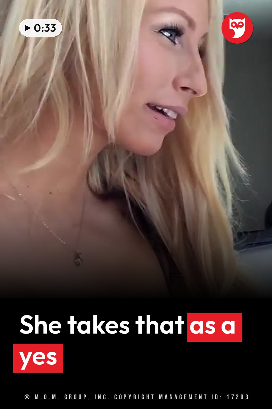 A woman with blonde hair and a necklace looks to the side with a slight smile. A headline runs in white letters across the lower third.