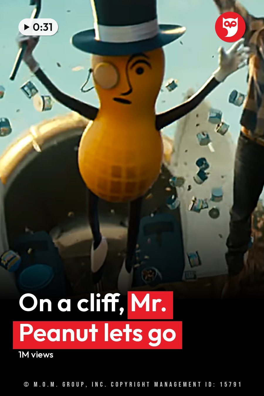 A peanut character in a top hat stands outdoors among scattered Planters Mixed Nuts cans against a desert-like rocky terrain with clear skies. The headline runs in white letters across the lower third.