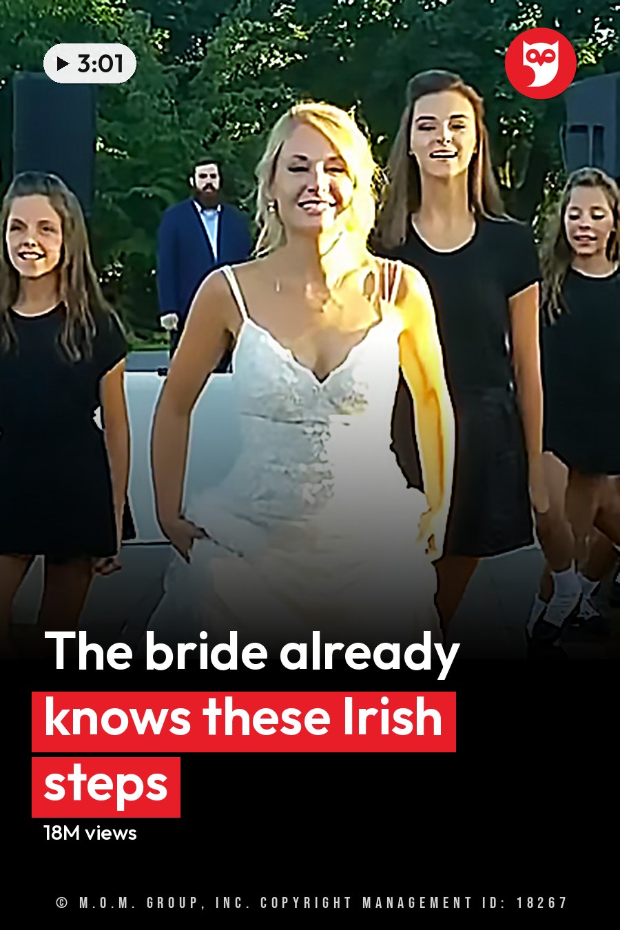 An outdoor wedding reception scene with a bride in a white wedding dress and young adults wearing black dresses, surrounded by greenery and natural light. The headline runs in white letters across the lower third.