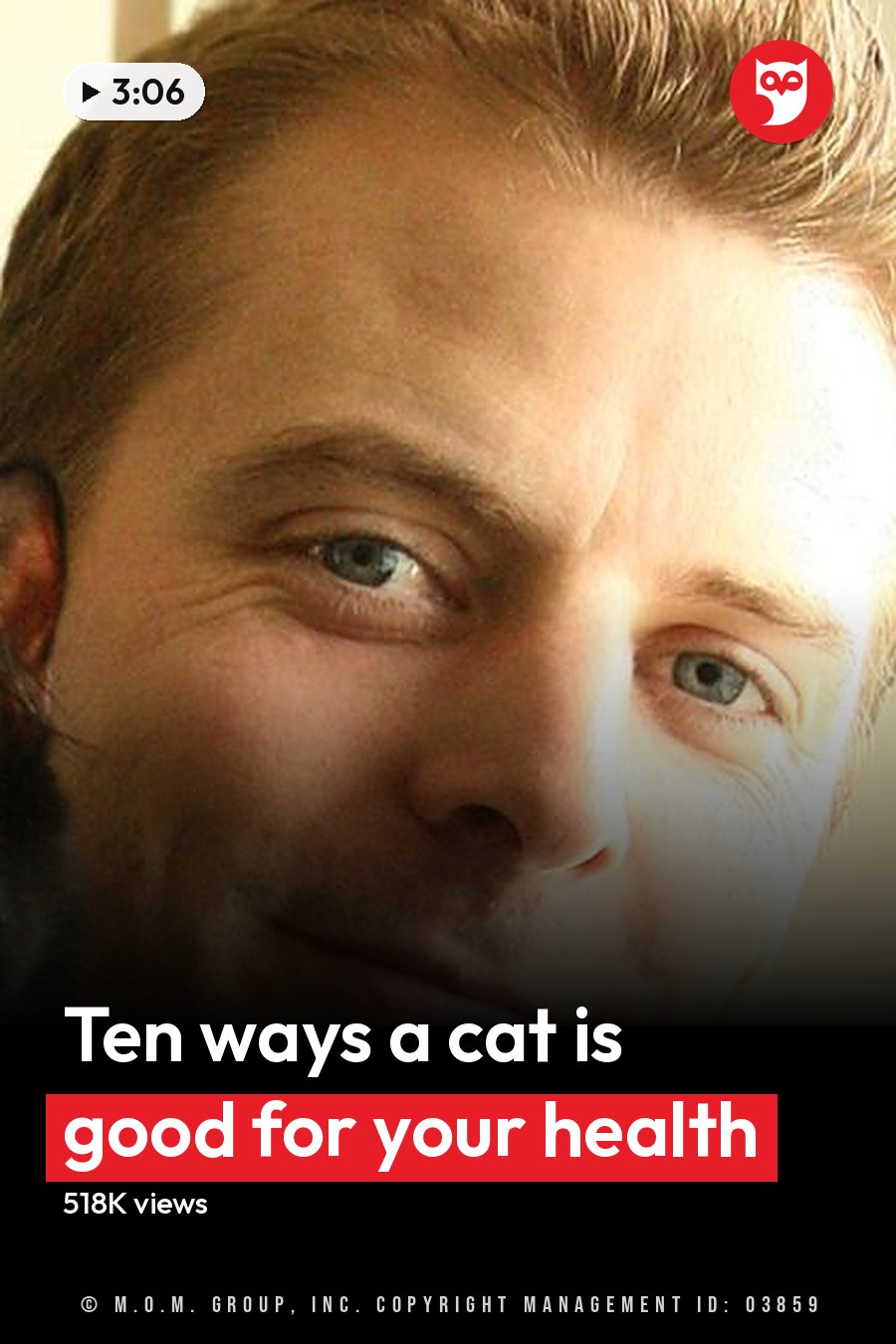 An adult male holding a black cat with yellow eyes indoors, soft natural lighting creates a warm atmosphere. The headline runs in white letters across the lower third.