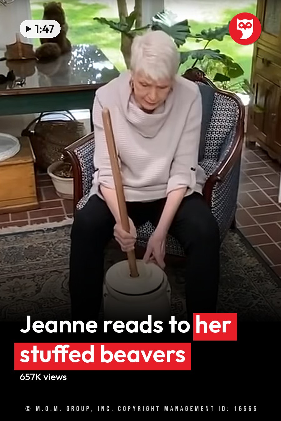 An older adult female wearing a cream sweater with black pants and white shoes in a home setting with greenery visible through windows indicating daytime. The headline runs in white letters across the lower third.