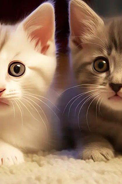 Two tabby kittens with white and gray markings, resting in a softly lit indoor setting.