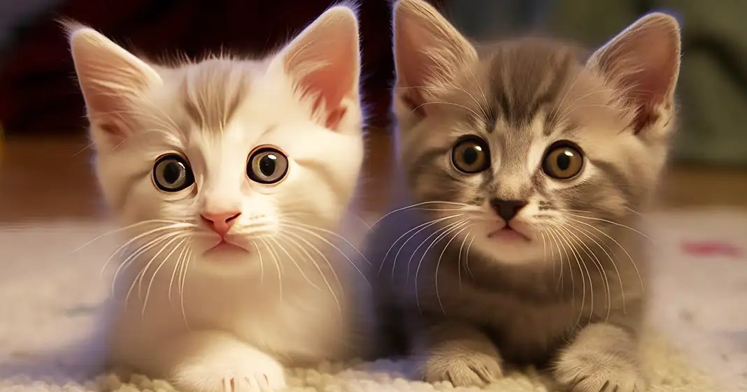 Two tabby kittens with white and gray markings, resting in a softly lit indoor setting.