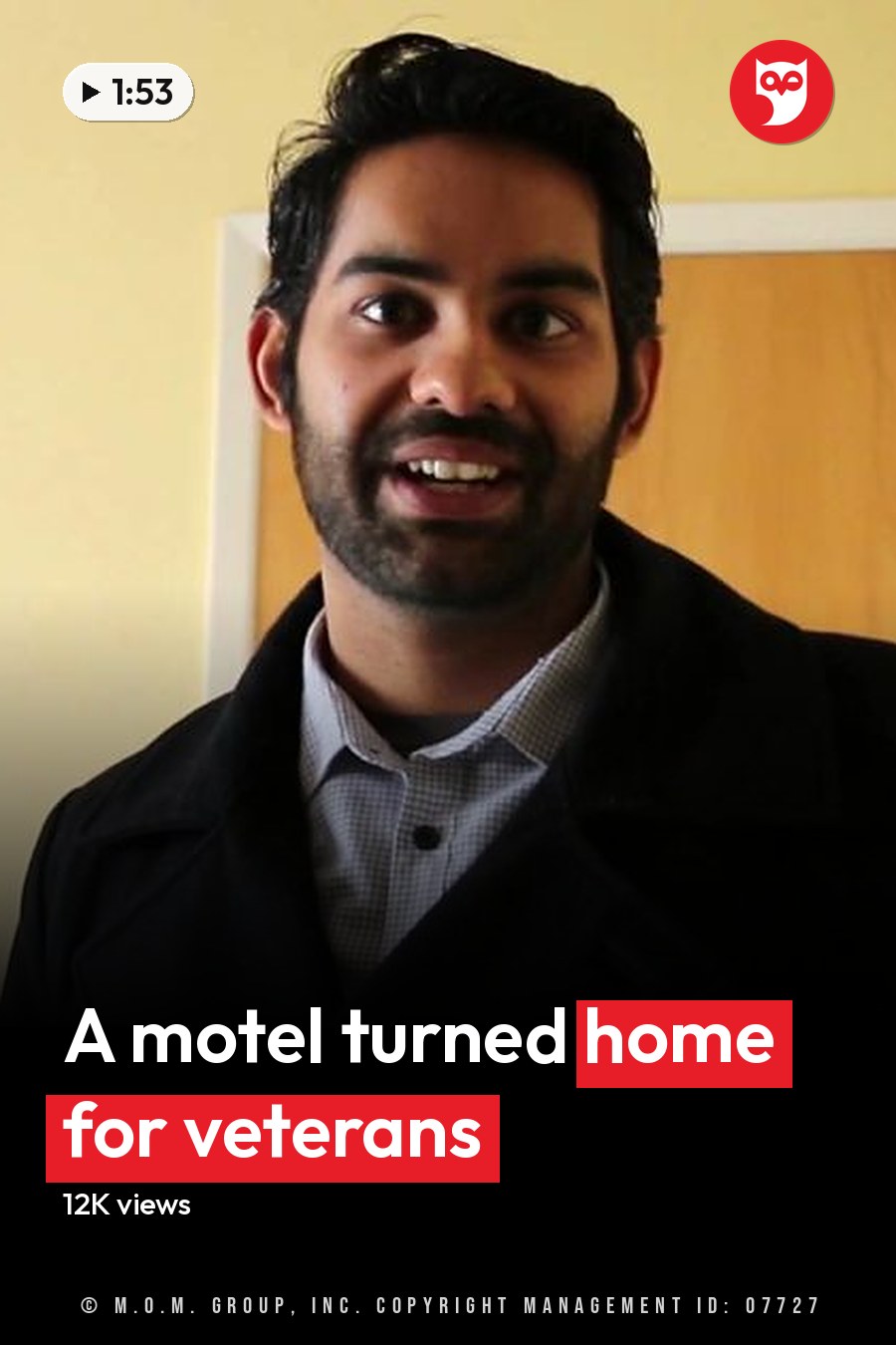 Young adult male wearing a dark overcoat with checkered shirt underneath in an indoor setting, with muted wall colors and furniture. The headline runs in white letters across the lower third.