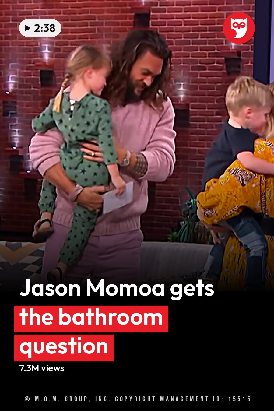 A family scene in a studio setting with adults and children dressed in casual attire. The headline runs in white letters across the lower third.