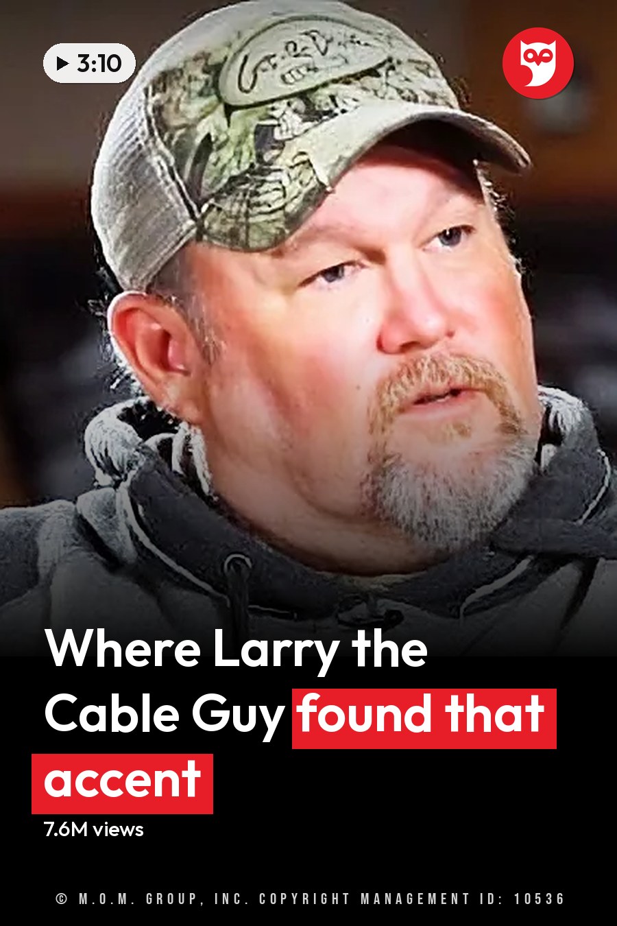 Older adult male wearing a gray hoodie with red lettering, camo baseball cap backward, and wedding ring in casual indoor setting. The headline runs in white letters across the lower third.