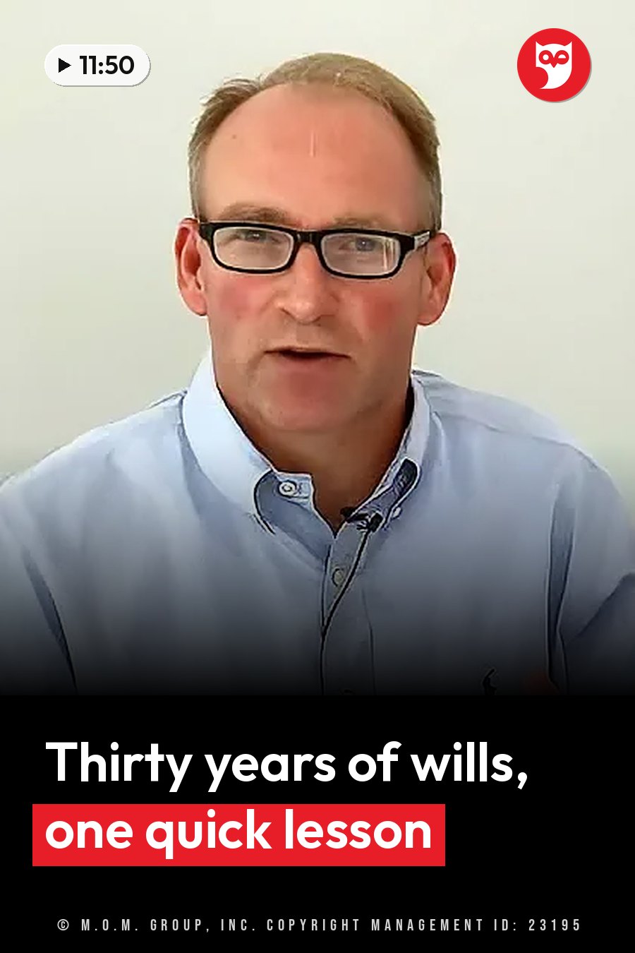 A man with glasses in a light blue shirt speaks toward the camera in front of a plain background. A headline runs in white letters across the lower third.