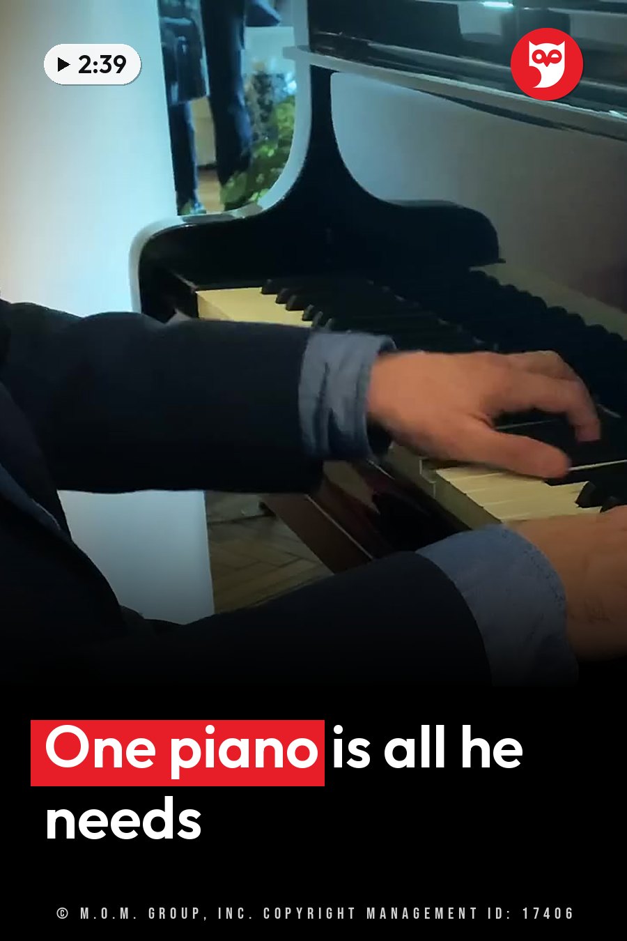 A person in a dark jacket over a blue shirt plays the piano, hands resting on the keys. A headline runs in white letters across the lower third.