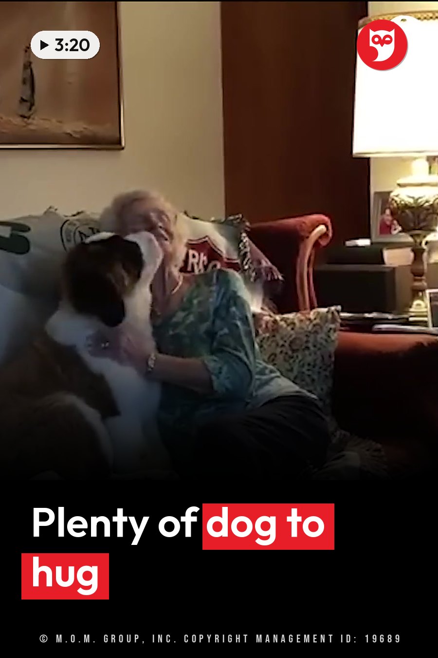 An older woman sits on a couch hugging a large dog that leans into her. A headline runs in white letters across the lower third.