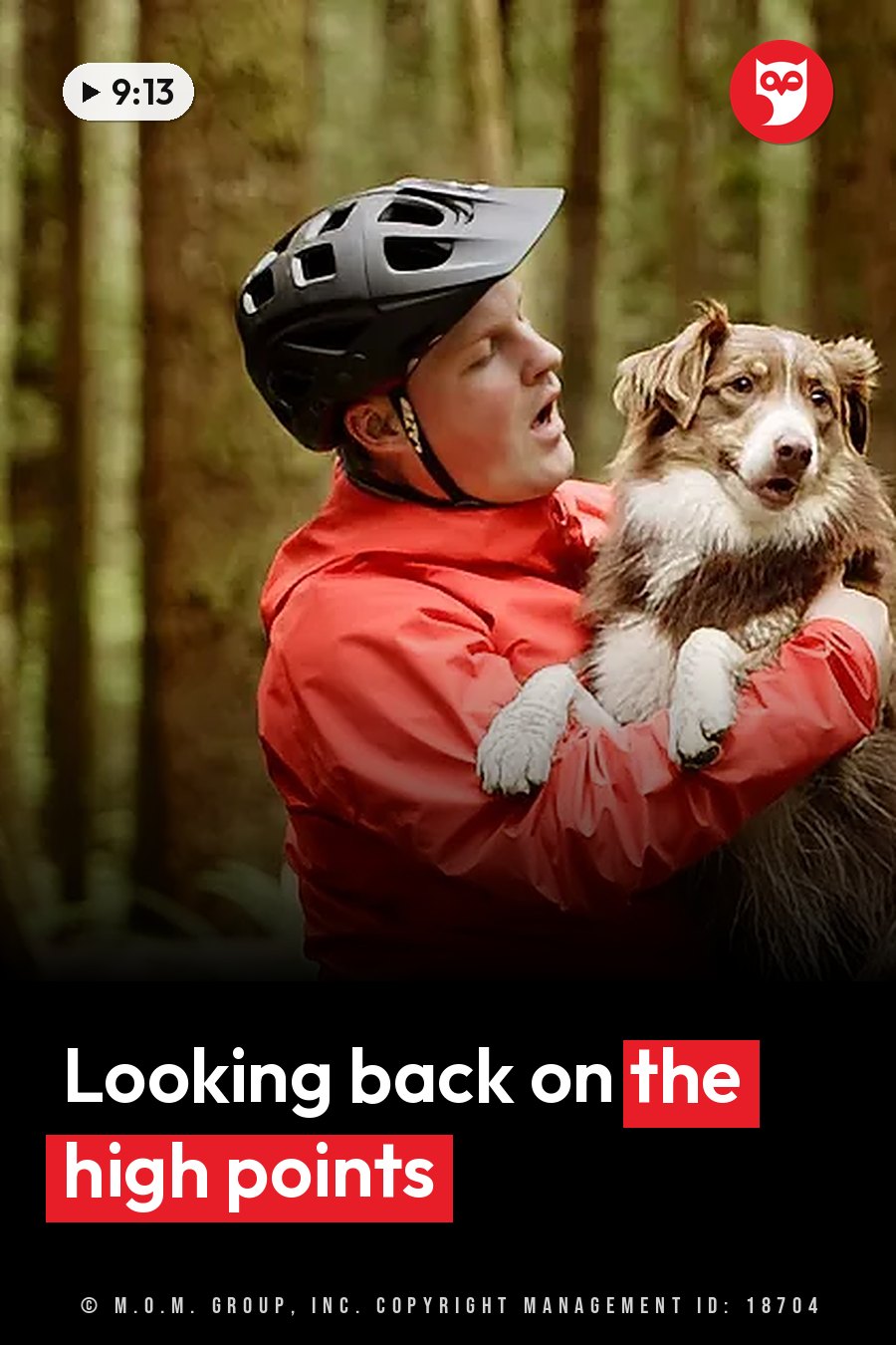 A man in a helmet holds a dog in a forest; both look upward with their mouths open. A headline runs in white letters across the lower third.