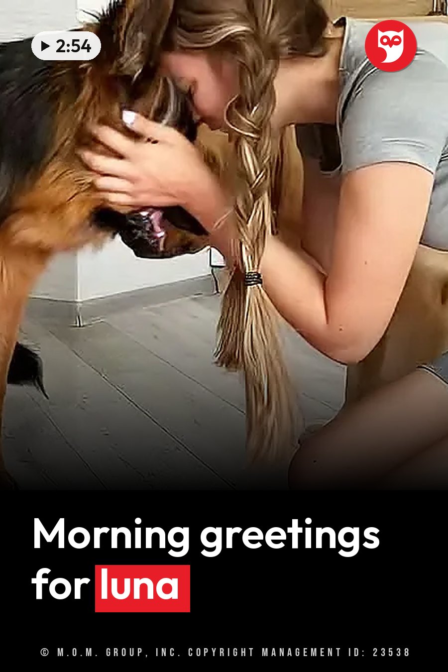 A woman with braided hair kneels and holds a German shepherd's head close to her. A headline runs in white letters across the lower third.