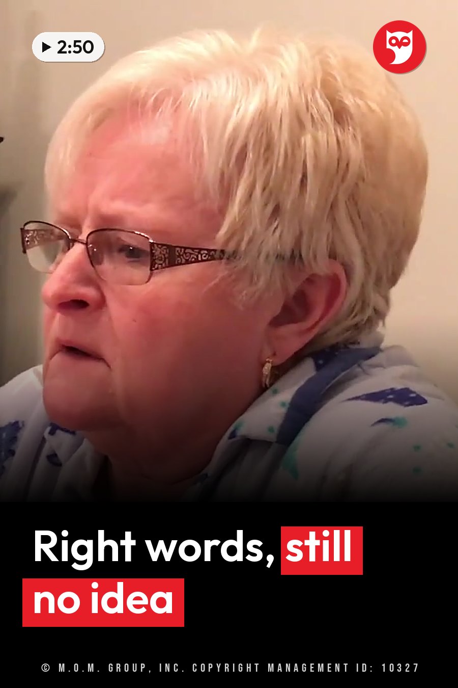 An older woman with short blonde hair, glasses and a patterned shirt looks off to the side. A headline runs in white letters across the lower third.