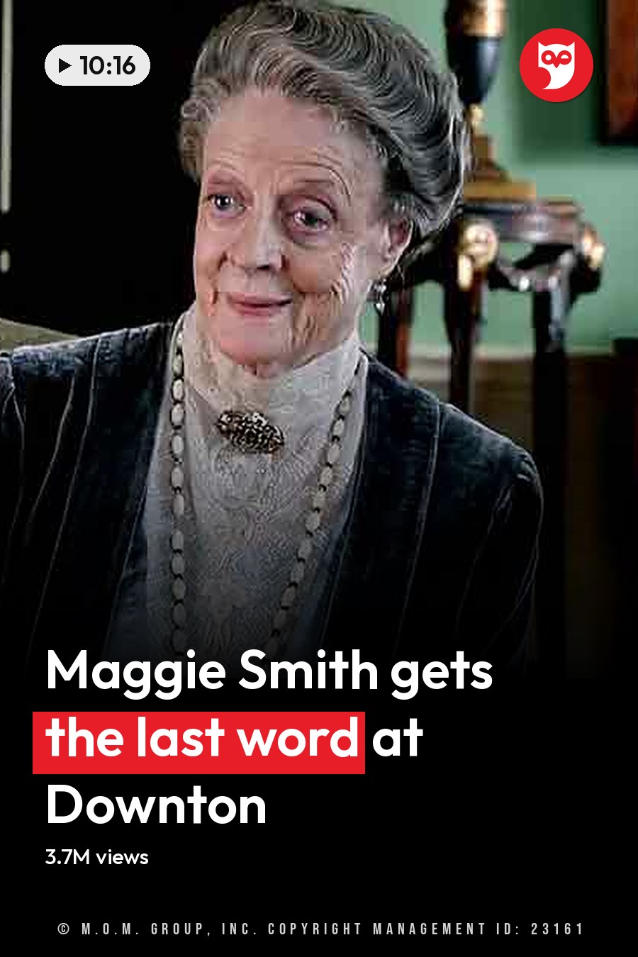 An older adult woman seated in a formal setting, wearing a dark velvet jacket with intricate embroidery and a light-colored lace blouse, accessorized with a long pearl necklace and earrings; partially visible adult male in a dark coat or jacket and possibly a top hat. Ornate furniture and historical decor suggest an indoor Victorian-era scene. The headline runs in white letters across the lower third.