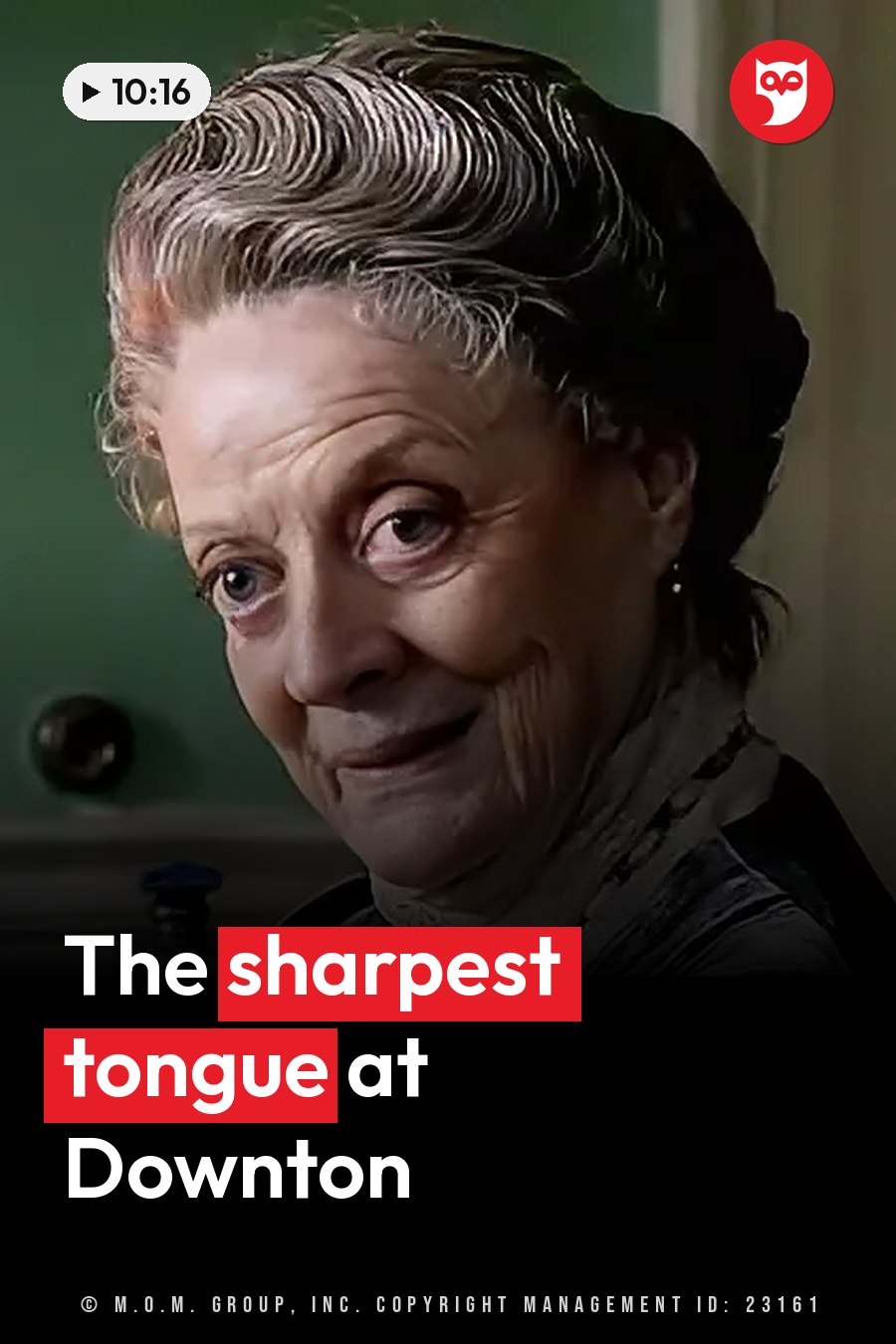 Maggie Smith, with styled gray hair, smiles slightly as she looks toward the camera. A headline runs in white letters across the lower third.