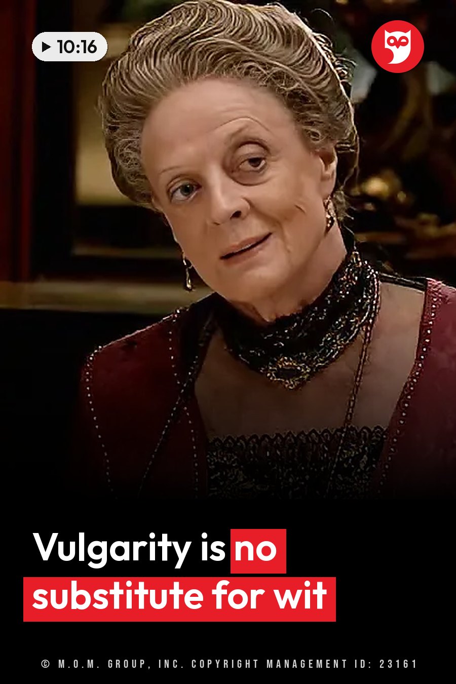 An older woman with styled hair, wearing ornate jewelry and a red outfit, looks slightly to her right. A headline runs in white letters across the lower third.