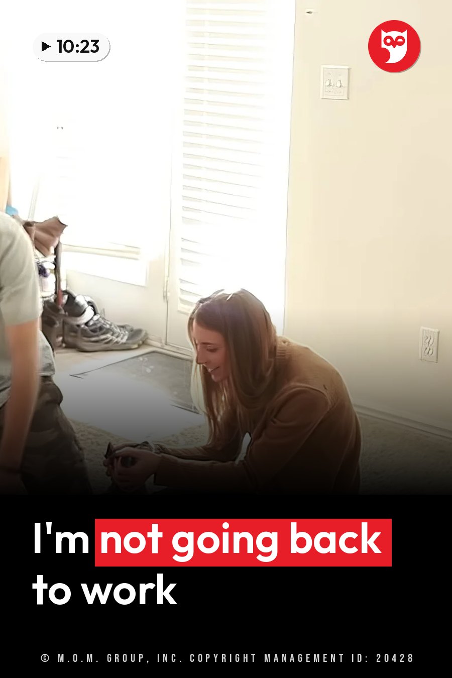 A woman kneels on the floor near a window, holding something small and smiling slightly. A headline runs in white letters across the lower third.