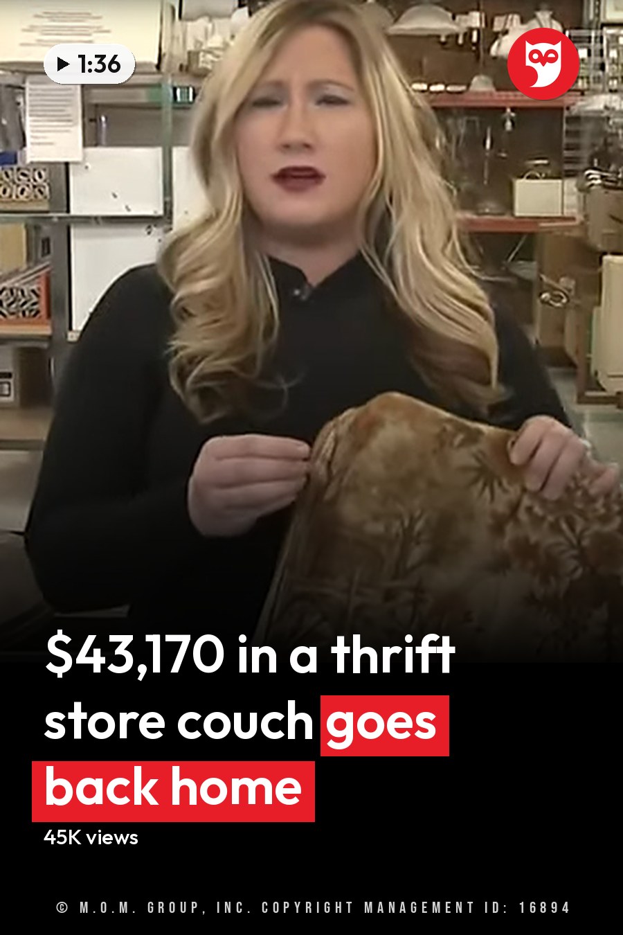 A woman in an indoor thrift shop, wearing a black polo-style top with long sleeves and high neckline. The headline runs in white letters across the lower third.