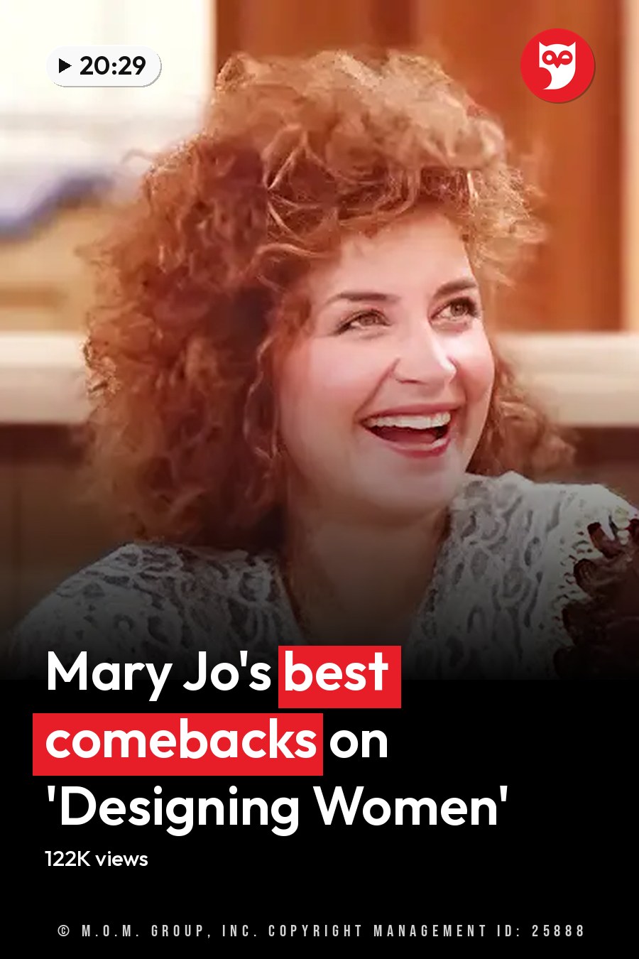 A middle-aged adult female wearing a white lace top with brown patterns and long sleeves, standing in an indoor kitchen or café setting with bright, natural lighting. The headline runs in white letters across the lower third.