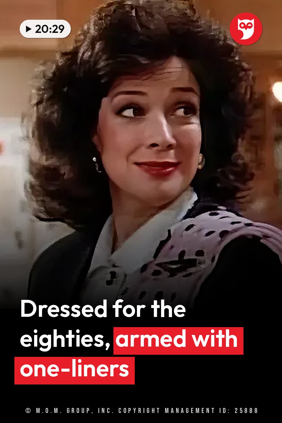 A woman with curly hair, a patterned top and earrings looks up and to one side with a slight smile. A headline runs in white letters across the lower third.