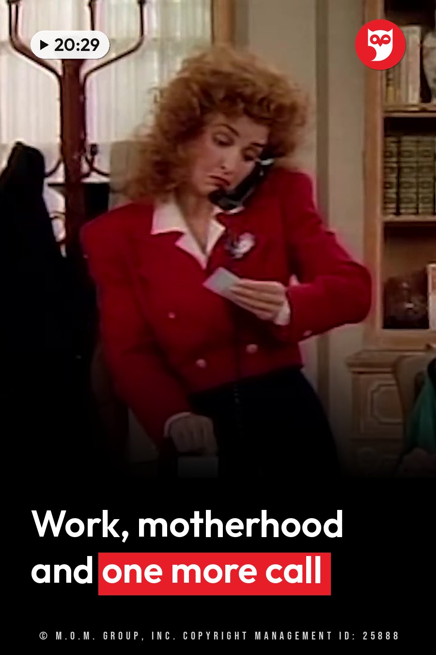 A woman with curly hair in a red jacket holds a phone to her ear while reading a piece of paper. A headline runs in white letters across the lower third.