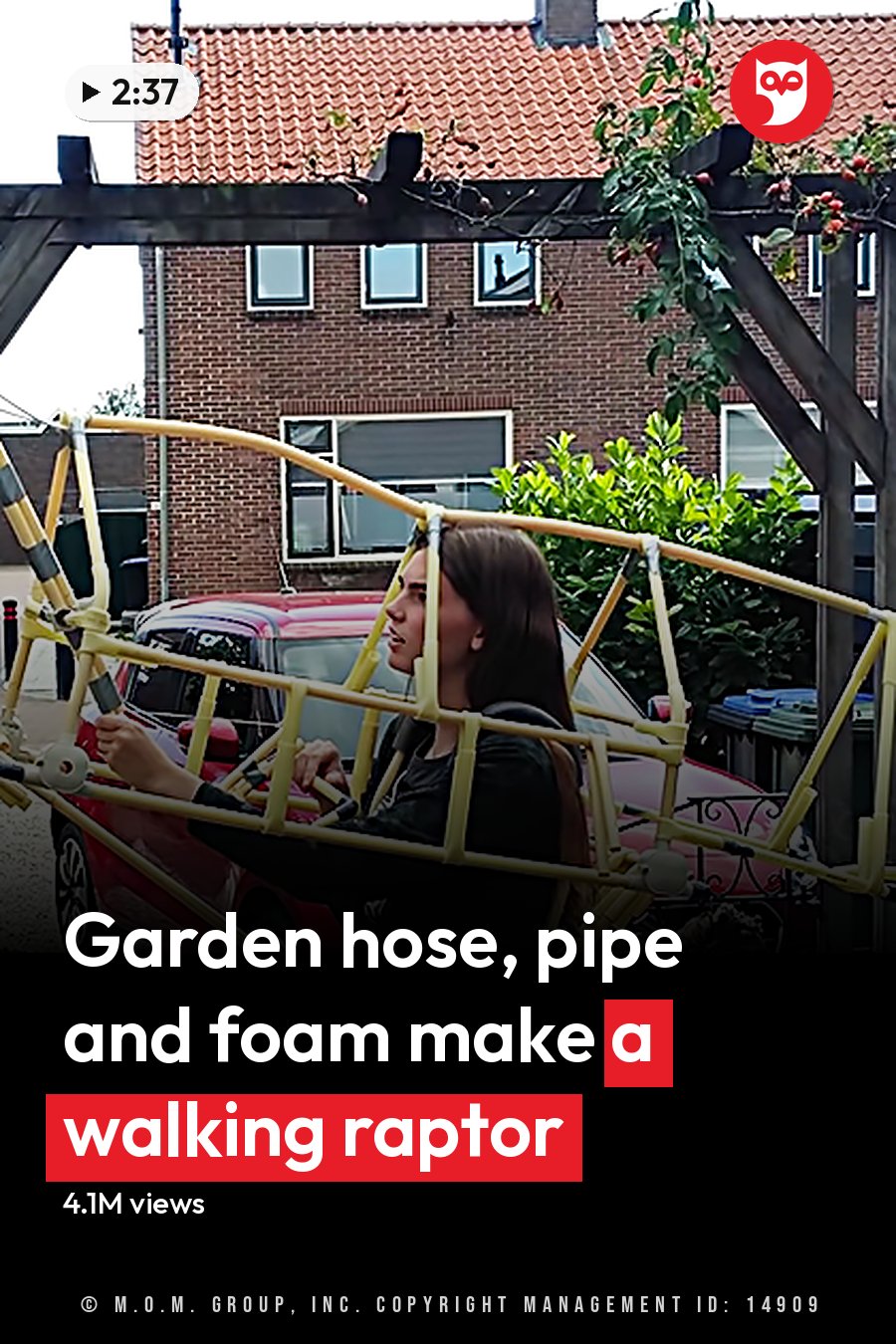 A young adult female holds a model airplane in an outdoor garden area with brick buildings, potted red flowers, and a decorative metal fence. The headline runs in white letters across the lower third.