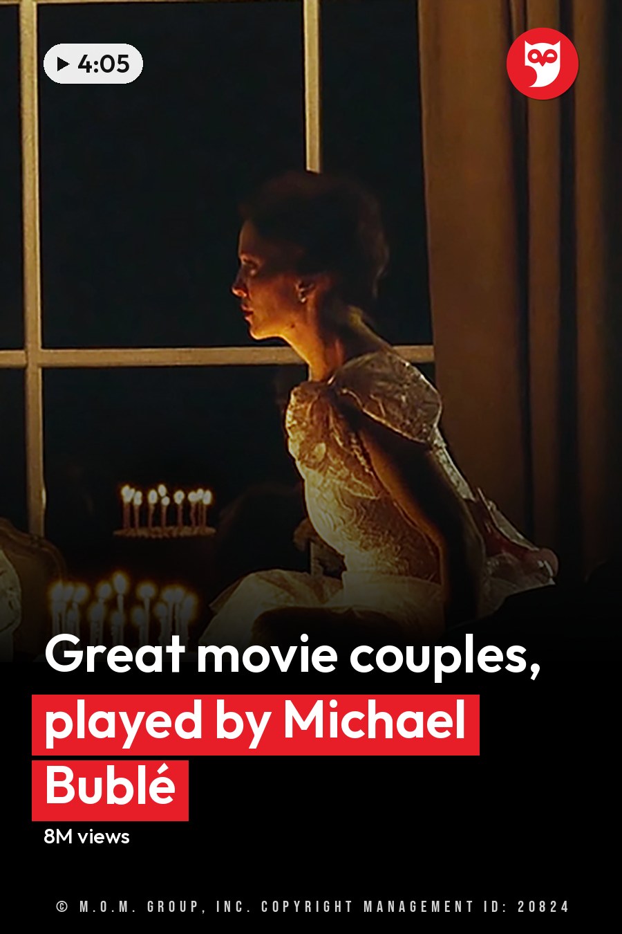 A young adult male in a striped sweater vest over a dark shirt and jeans stands next to an adult female wearing an elegant white gown with puffed sleeves, in a warmly lit, ornate dining room or living area. The headline runs in white letters across the lower third.