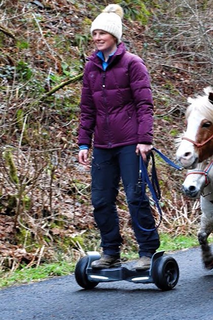 A woman rides a hoverboard with ponies through a rural road surrounded by trees during late autumn or early spring, wearing a purple puffer jacket and holding reins of one pony.