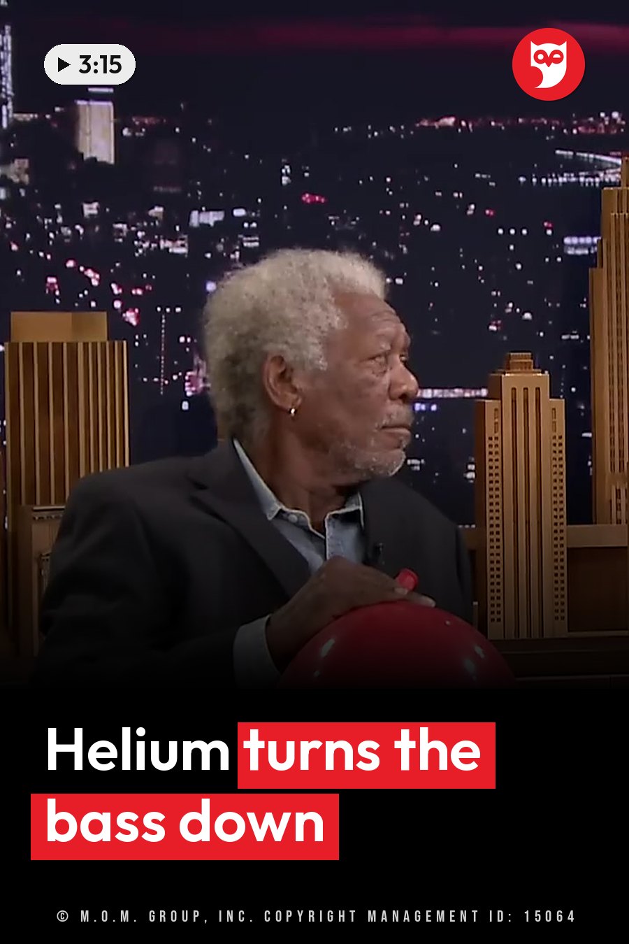 An older man with gray hair sits holding a red balloon in front of a nighttime city skyline backdrop. A headline runs in white letters across the lower third.