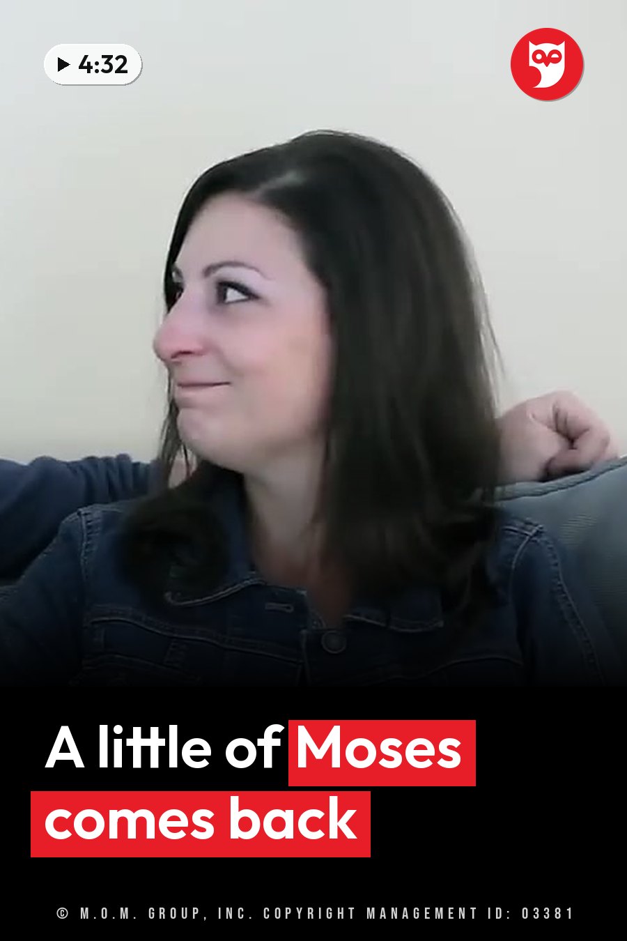A woman with dark hair and a denim jacket sits on a couch, looking to the side with a slight smile. A headline runs in white letters across the lower third.