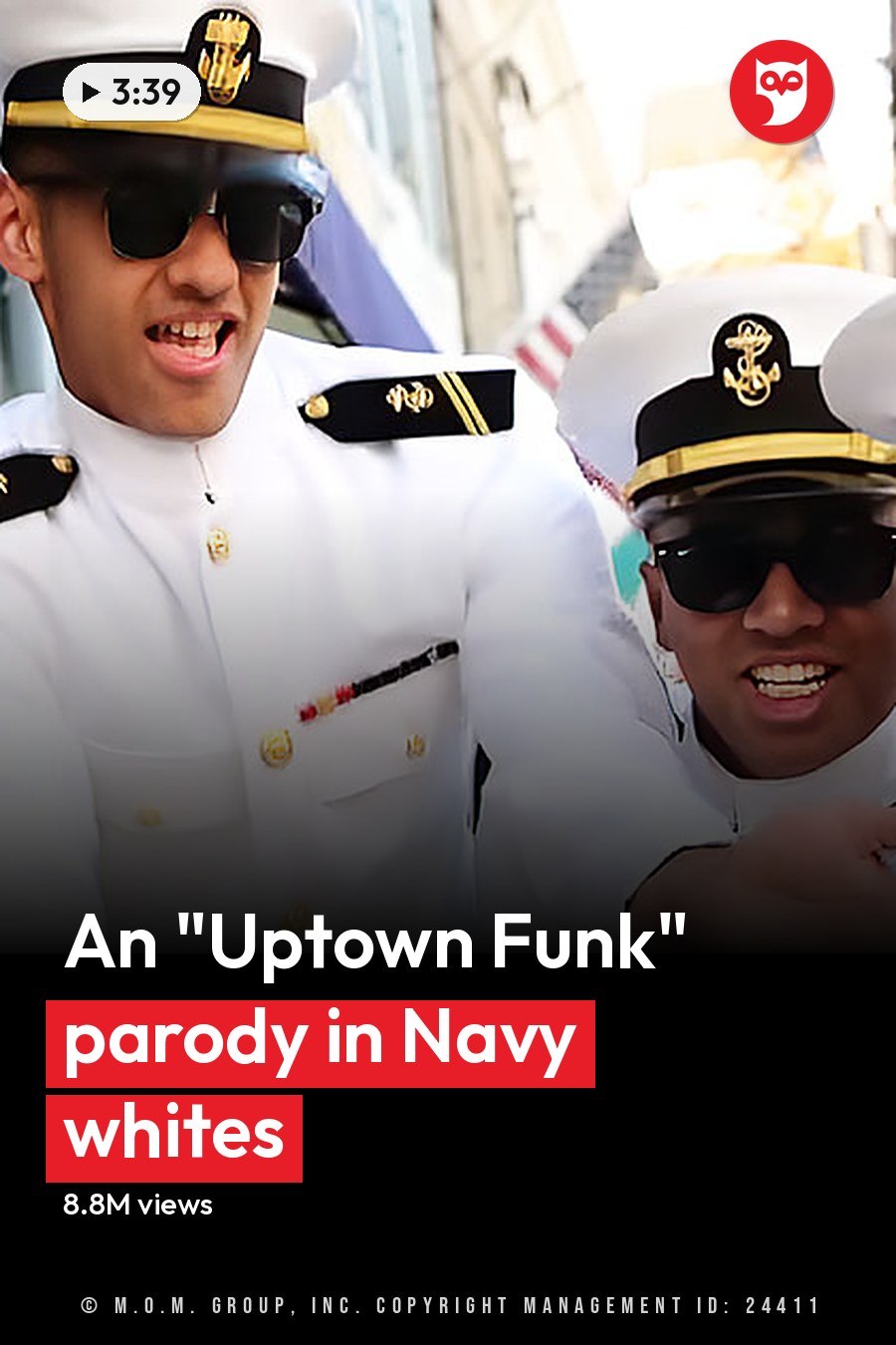 A group of young adults in white naval-style uniforms with gold buttons and black trims are gathered outdoors near a building with large windows, surrounded by greenery. The scene suggests an event or gathering during autumn daytime. The headline runs in white letters across the lower third.