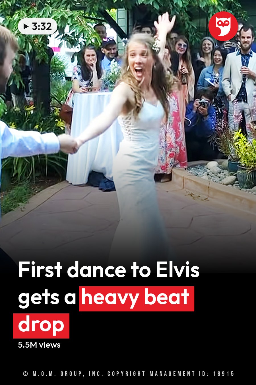 An outdoor wedding reception with a couple dancing joyfully in a garden courtyard surrounded by stone pathways and greenery. The headline runs in white letters across the lower third.