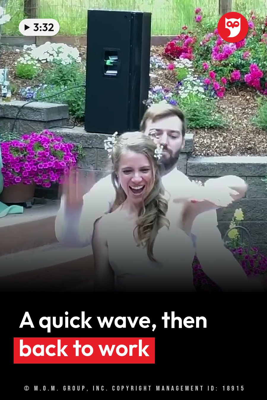 A bride and groom smile and wave while standing outdoors near flowers and a speaker. A headline runs in white letters across the lower third.